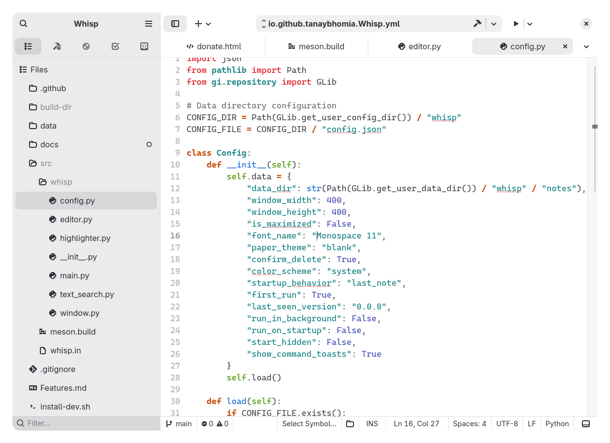 GNOME Builder with Whisp source code